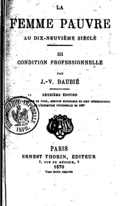 Ouvrage 'La Femme pauvre au XIXème siècle' de Julie-Victoire Daubié